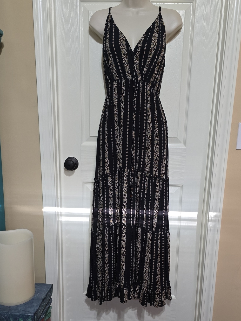 Black and Tan Striped Maxi Dress with V-Neck